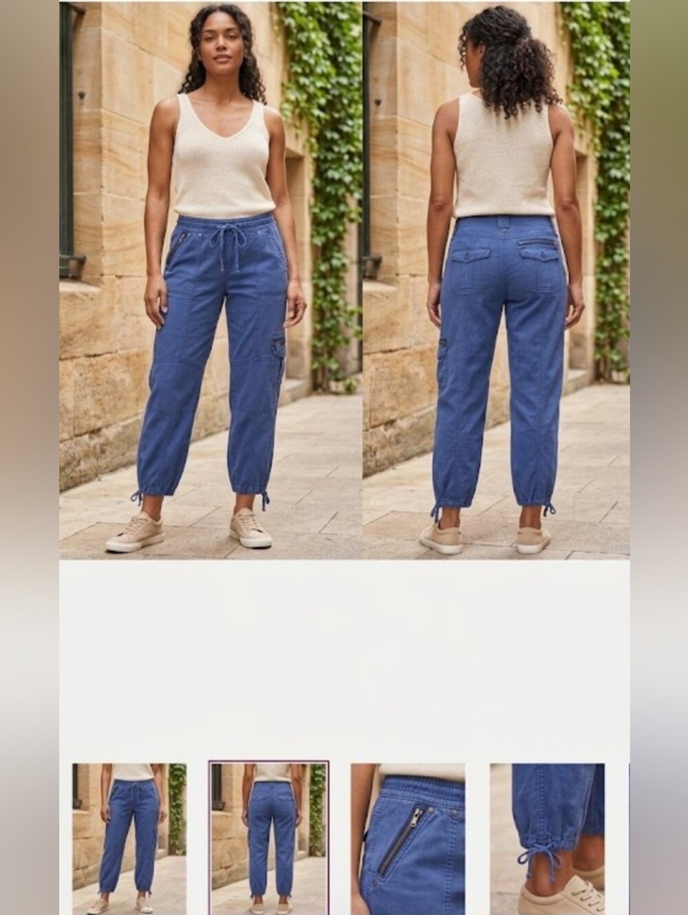 Blue Cargo Jogger Pants Zipper Pockets Drawstring Cinch Ankle Size 10